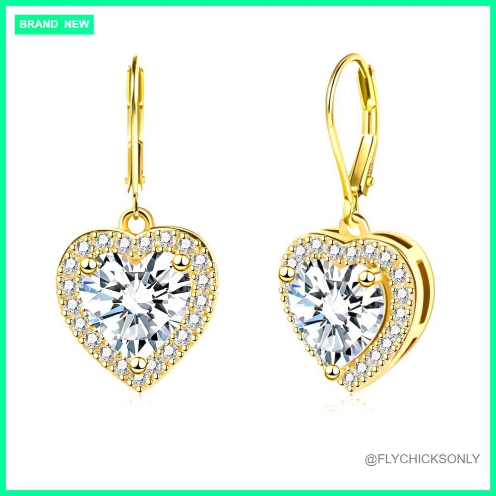 Sterling Silver 14K Gold Plated Heart Dangle Earrings Leverback Cubic Zirconia